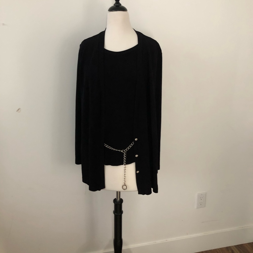 Long sleeve shirt w/ sewn on jacket and silver belt.